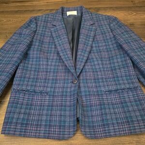 Vintage Pendleton Virgin Wool Blazer 10 Blue Pink Plaid USA Made Preppy 80s